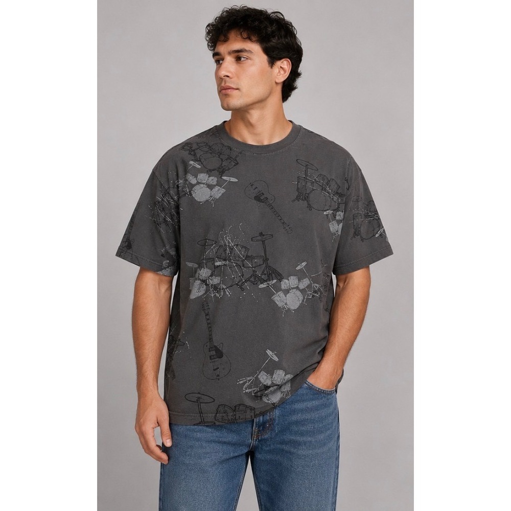 Vintage Y2K AAA Alstyle Musical Instruments All Over Print T-Shirt Mens XL Gray